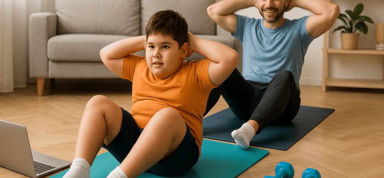 Child exercising at home with a parent following a workout routine for childhood obesity prevention.