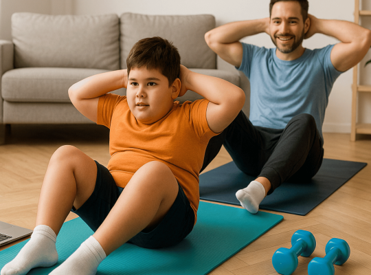 Child exercising at home with a parent following a workout routine for childhood obesity prevention.