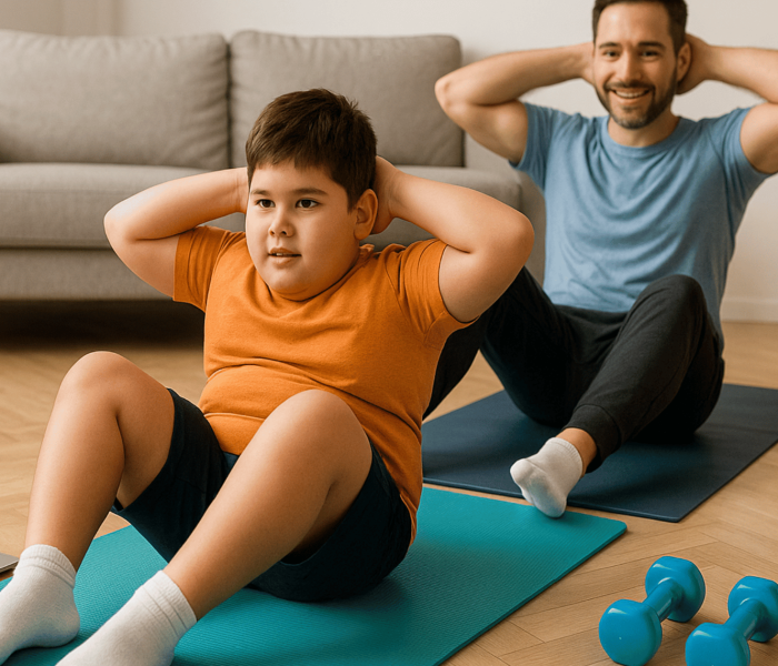 Child exercising at home with a parent following a workout routine for childhood obesity prevention.
