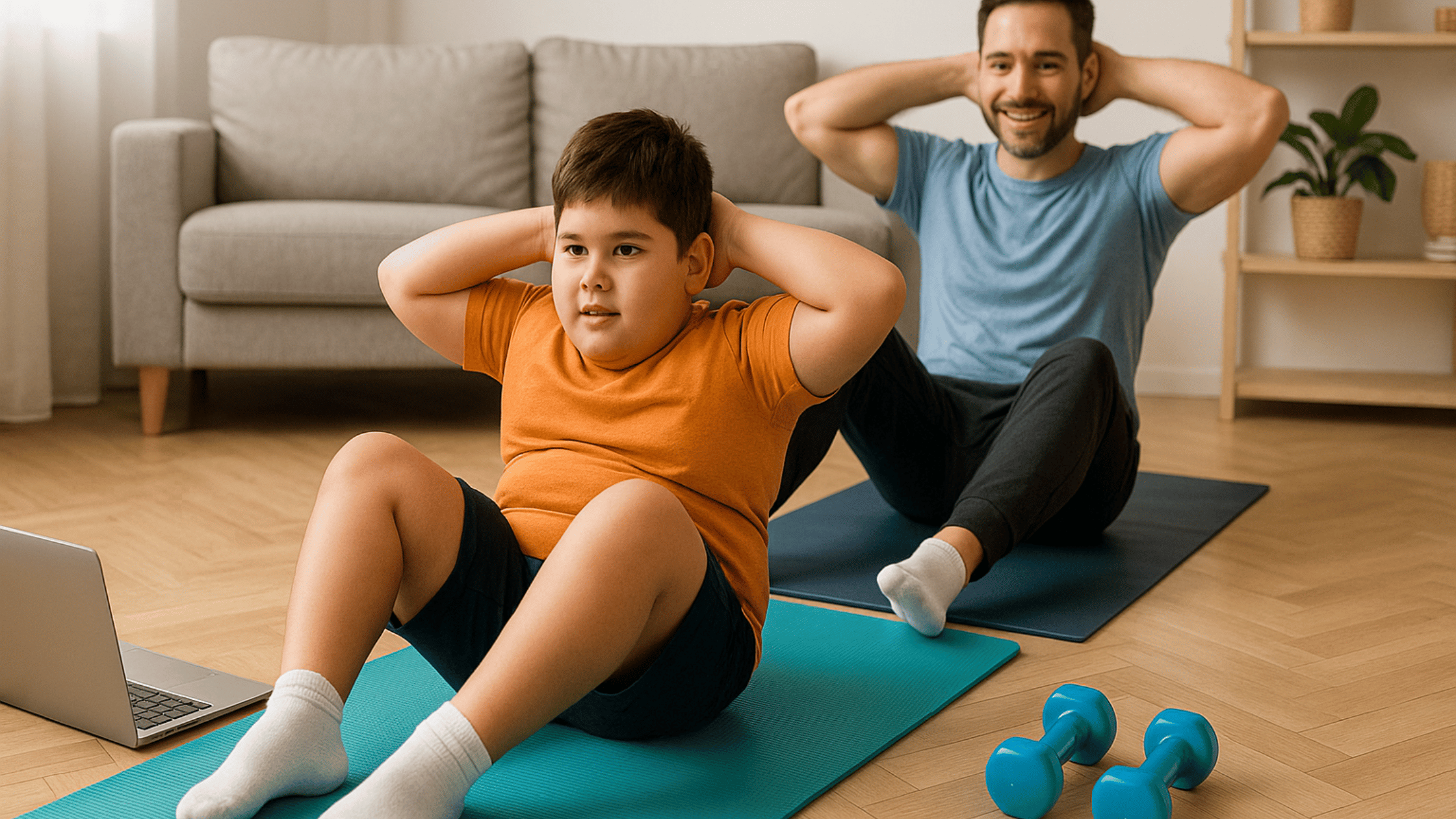 Child exercising at home with a parent following a workout routine for childhood obesity prevention.
