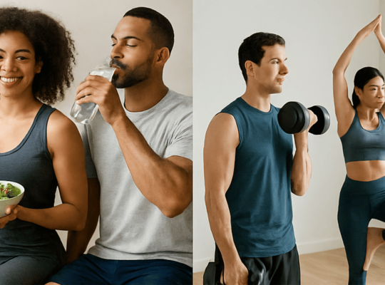 People practicing yoga and using wearable tech devices as part of their daily wellness and fitness routine in 2025.