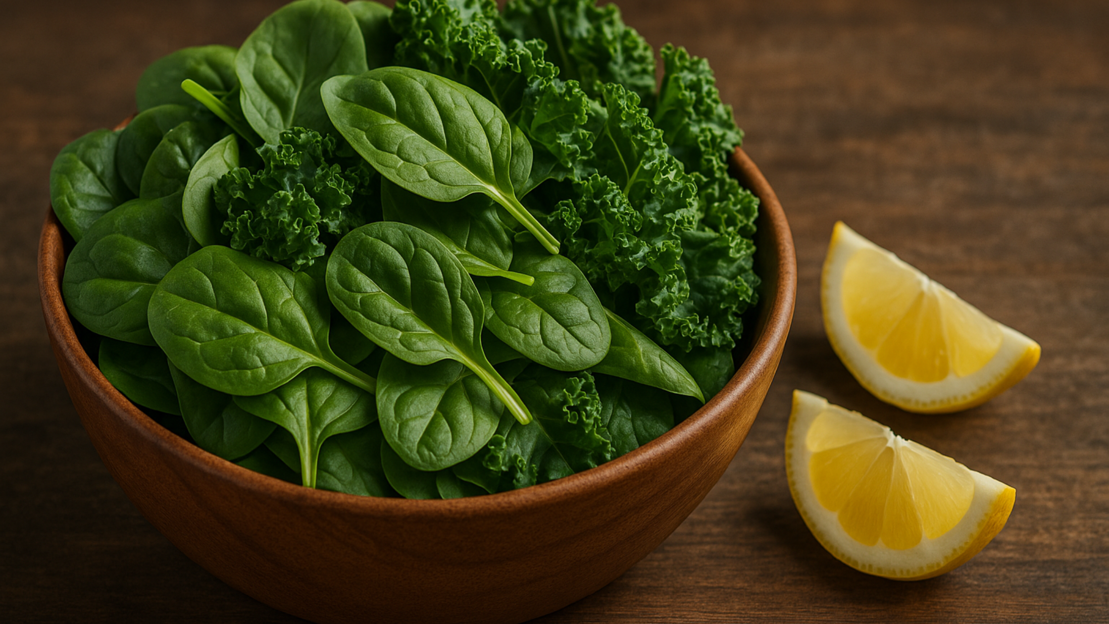 Dark leafy greens such as spinach and kale rich in vitamins K, A, and folate.