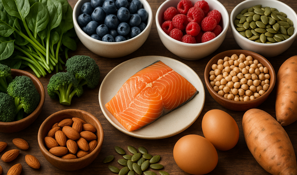 Variety of nutrient-dense foods like kale, blueberries, salmon, and eggs showcasing healthy eating.