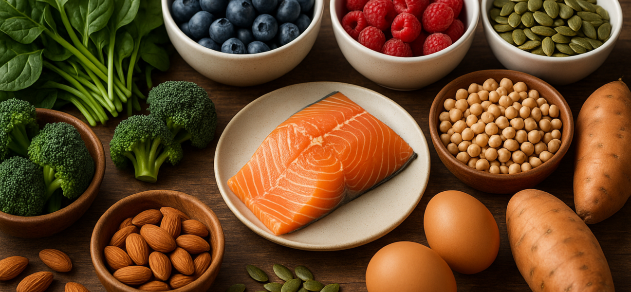 Variety of nutrient-dense foods like kale, blueberries, salmon, and eggs showcasing healthy eating.