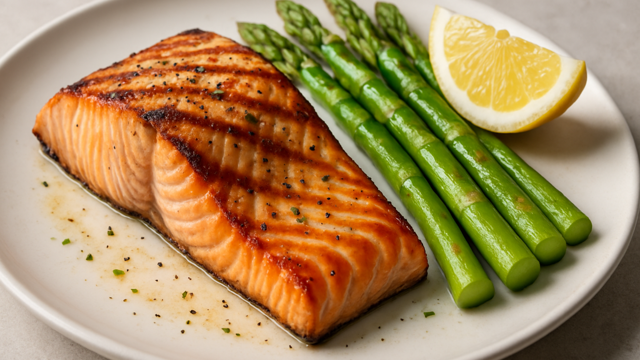 Omega-3-rich grilled salmon with herbs and vegetables.