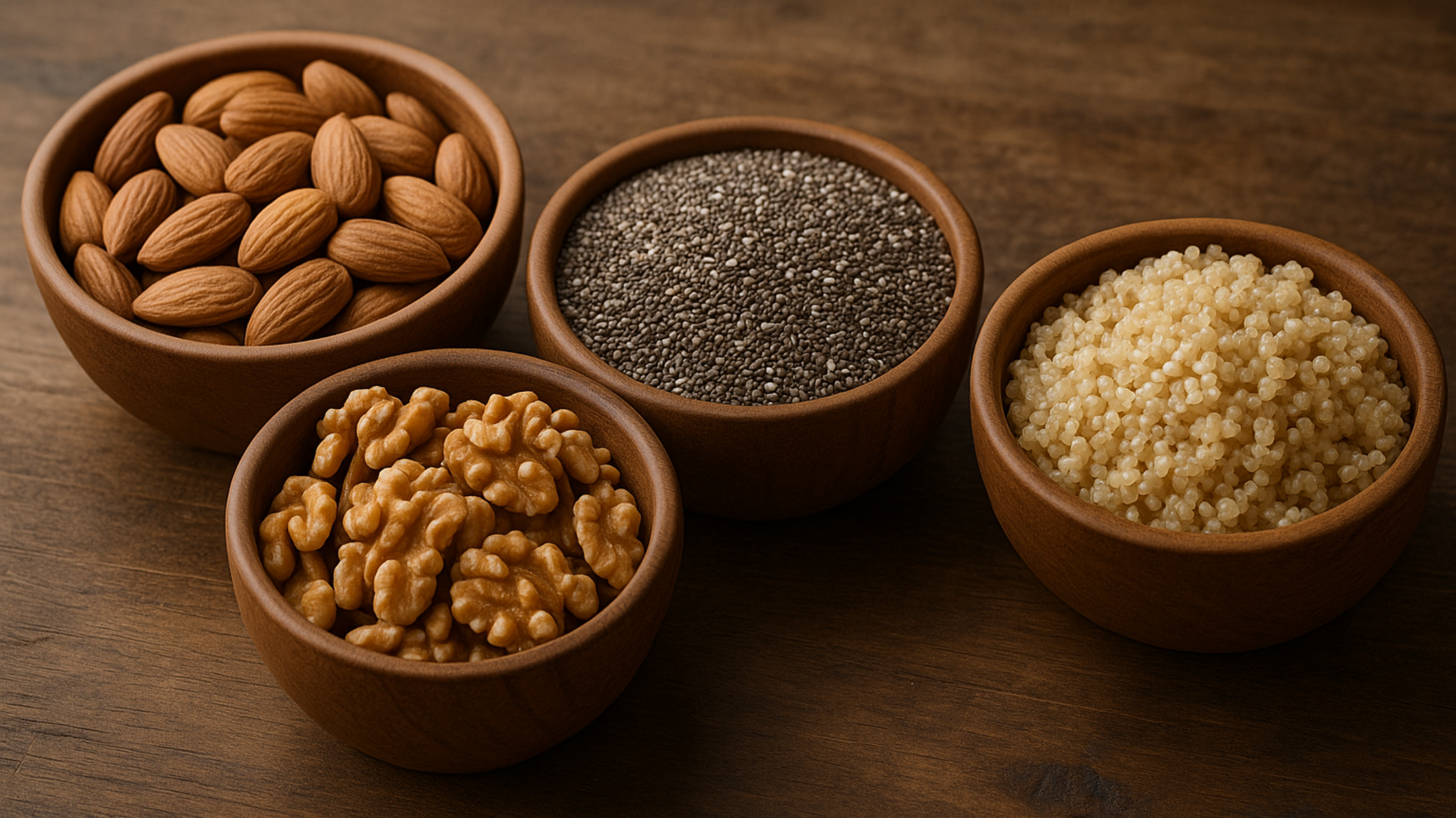 Assorted nuts, seeds, and grains offering fiber, healthy fats, and plant-based protein.