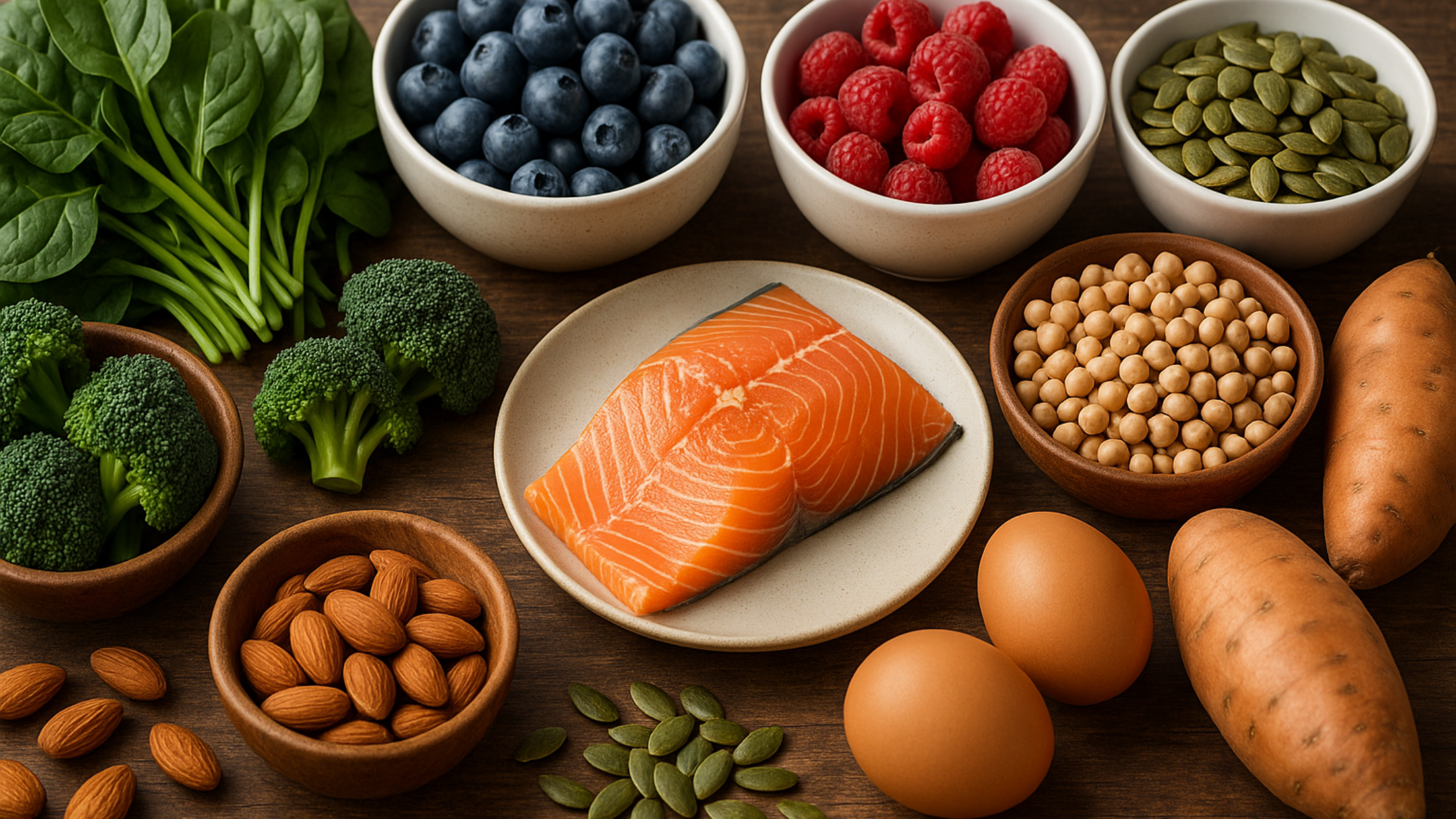 Variety of nutrient-dense foods like kale, blueberries, salmon, and eggs showcasing healthy eating.