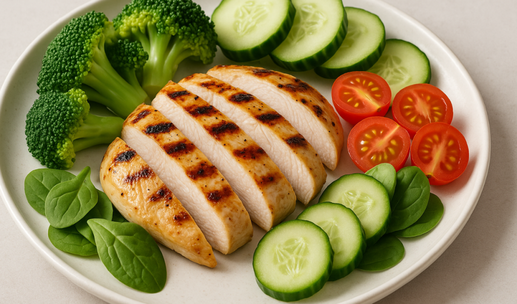 Grilled chicken breast with vegetables, showcasing lean protein and healthy meal preparation.