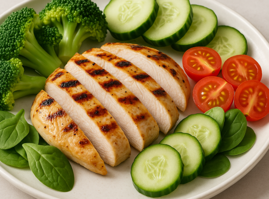 Grilled chicken breast with vegetables, showcasing lean protein and healthy meal preparation.