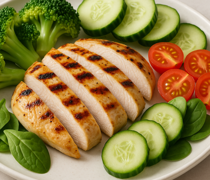 Grilled chicken breast with vegetables, showcasing lean protein and healthy meal preparation.