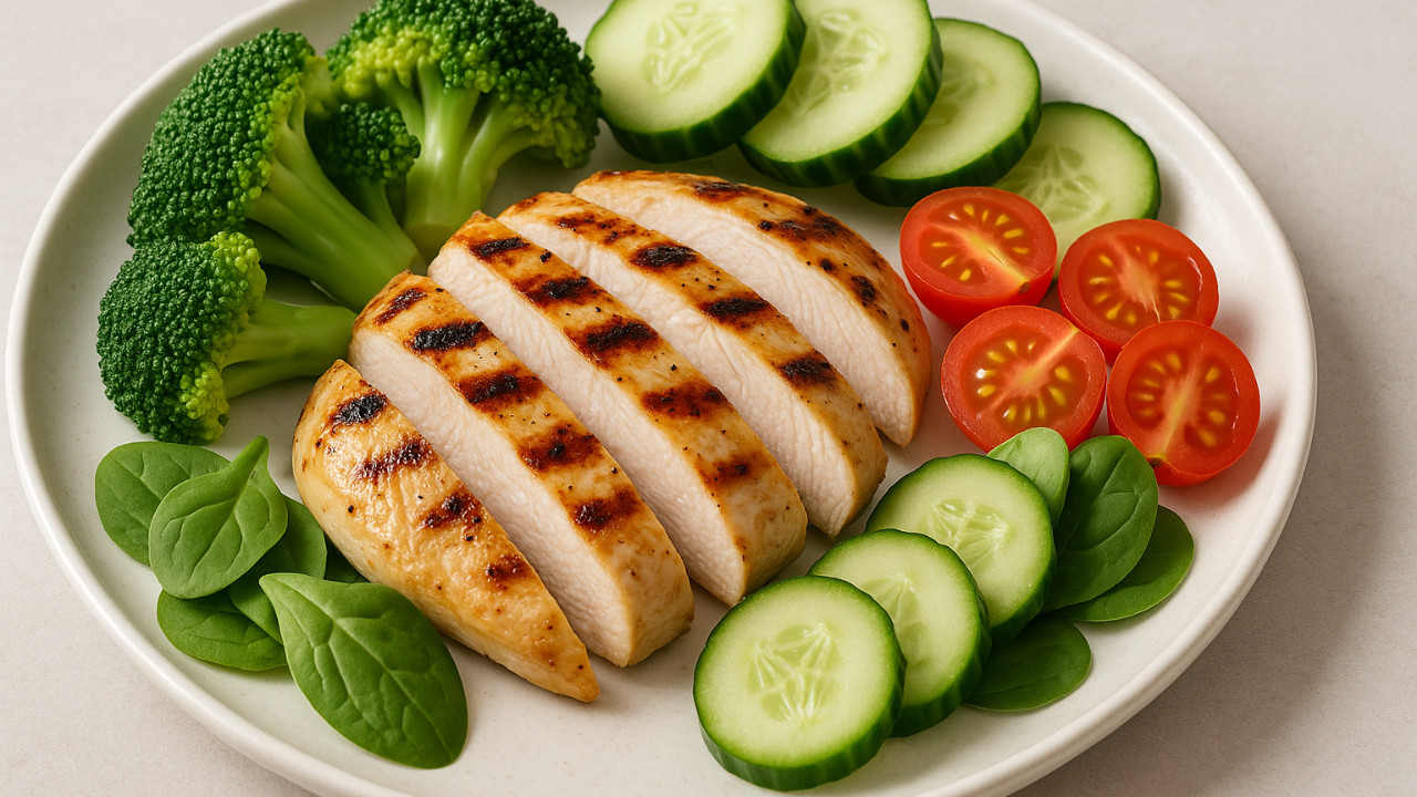 Grilled chicken breast with vegetables, showcasing lean protein and healthy meal preparation.