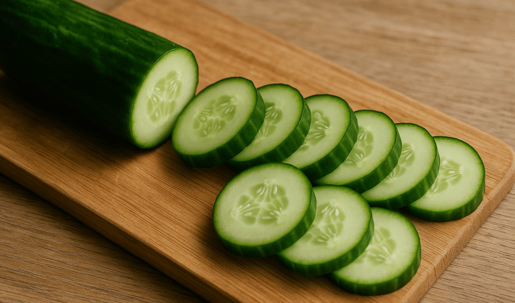 Sliced cucumber with skin, highlighting its low calorie, high hydration nutritional benefits.