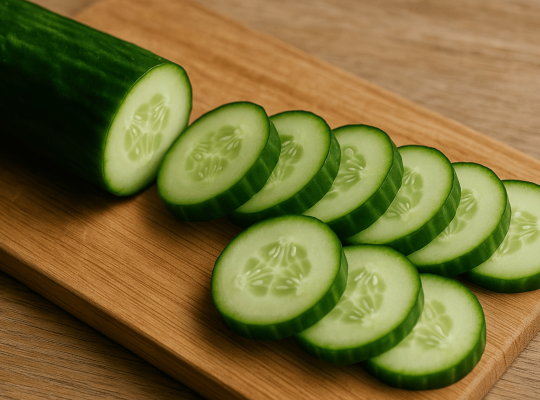 Sliced cucumber with skin, highlighting its low calorie, high hydration nutritional benefits.