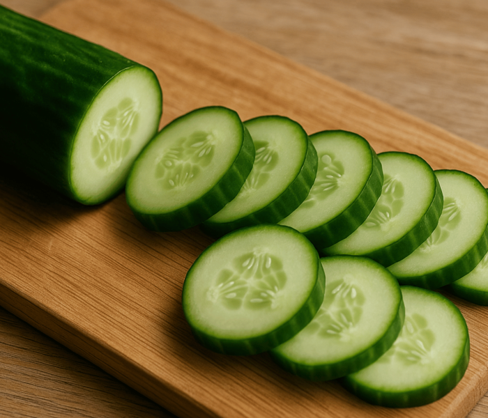 Sliced cucumber with skin, highlighting its low calorie, high hydration nutritional benefits.