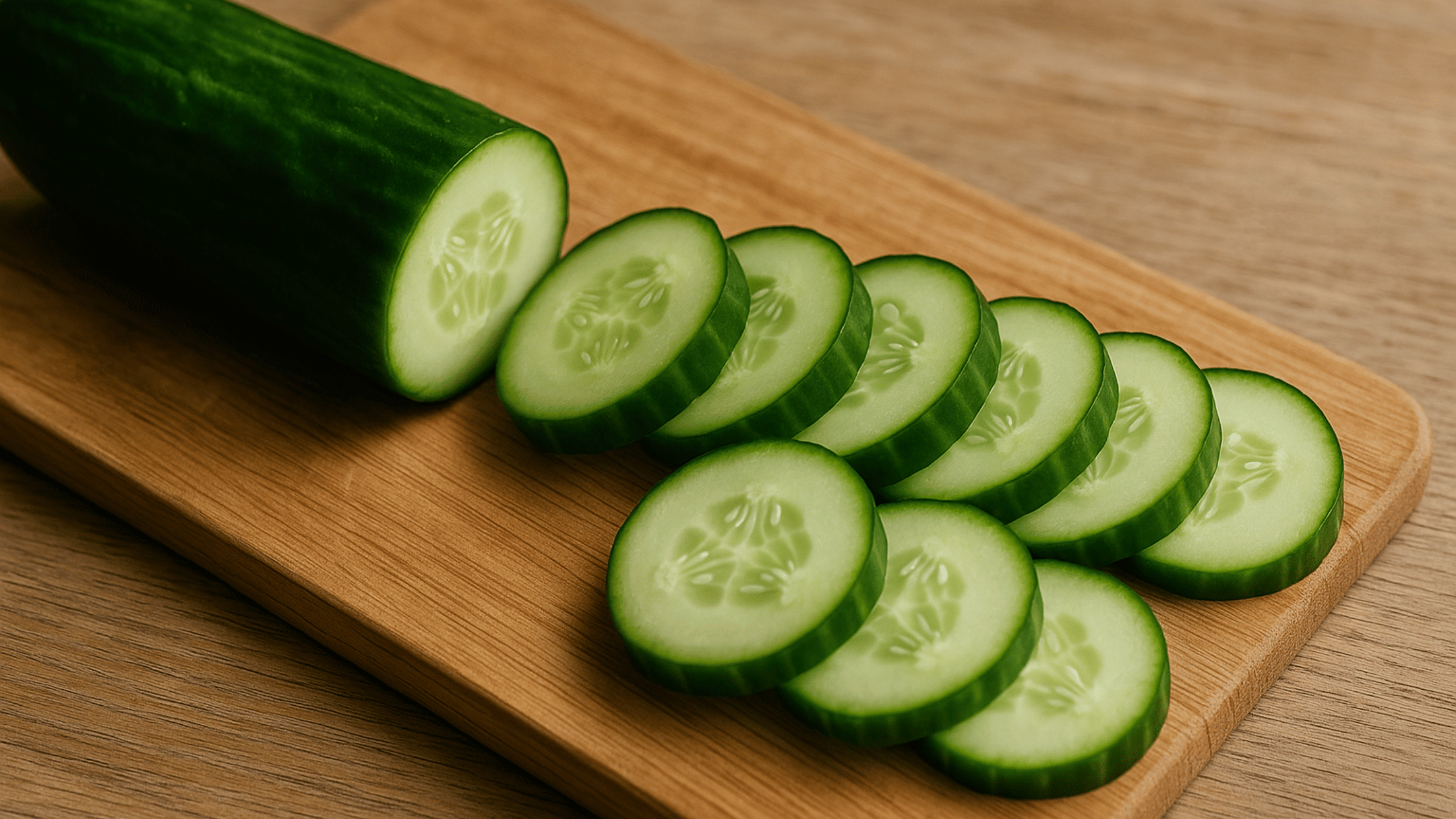 Sliced cucumber with skin, highlighting its low calorie, high hydration nutritional benefits.