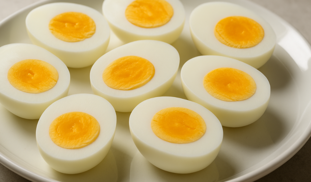 Hard-boiled eggs sliced on a plate, showcasing their high protein and low calorie nutritional profile.
