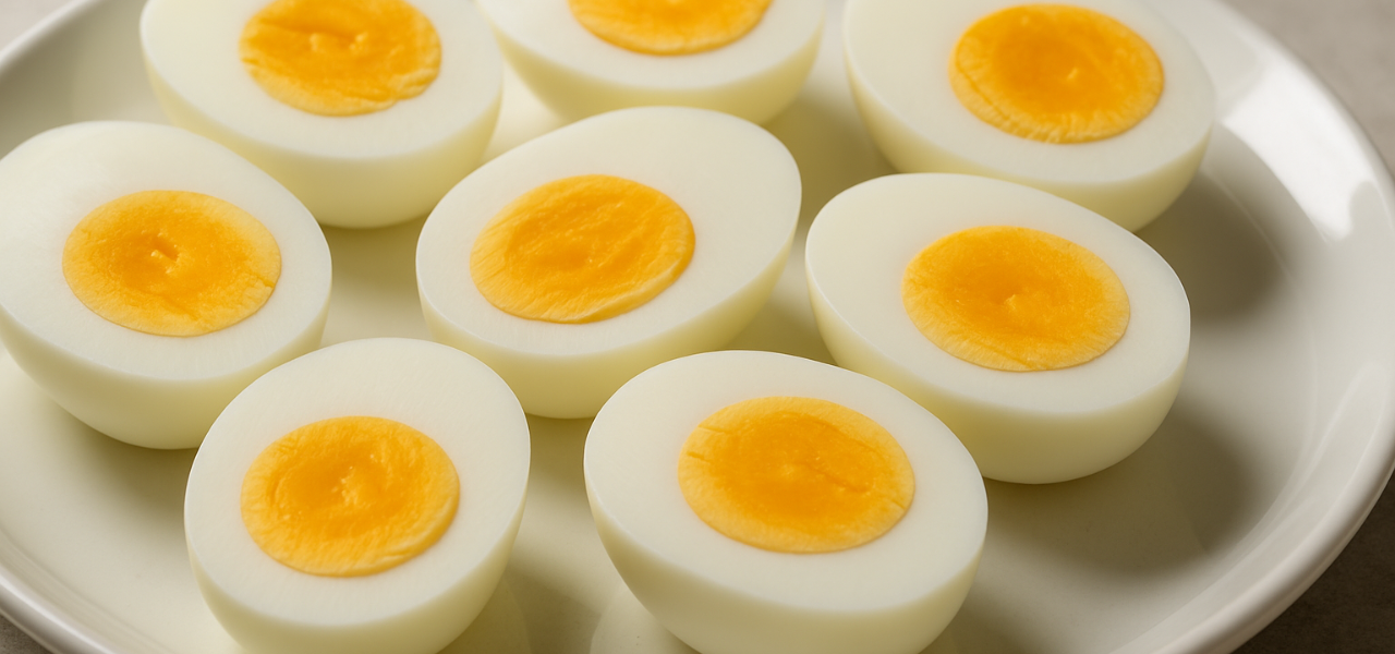 Hard-boiled eggs sliced on a plate, showcasing their high protein and low calorie nutritional profile.