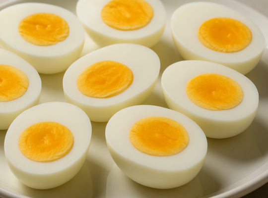 Hard-boiled eggs sliced on a plate, showcasing their high protein and low calorie nutritional profile.