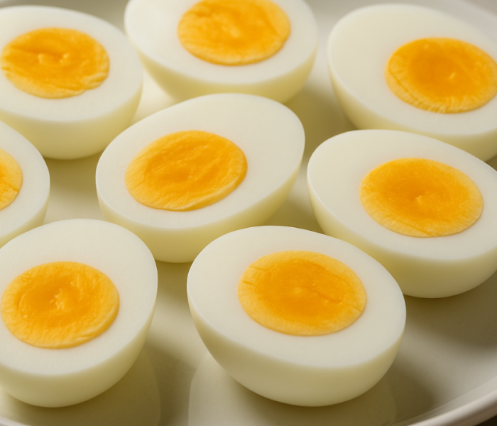 Hard-boiled eggs sliced on a plate, showcasing their high protein and low calorie nutritional profile.