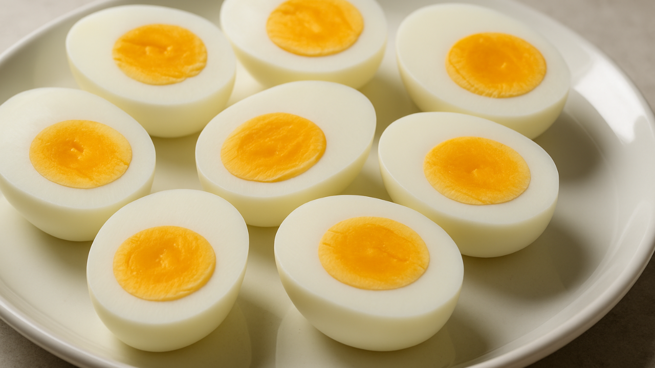 Hard-boiled eggs sliced on a plate, showcasing their high protein and low calorie nutritional profile.