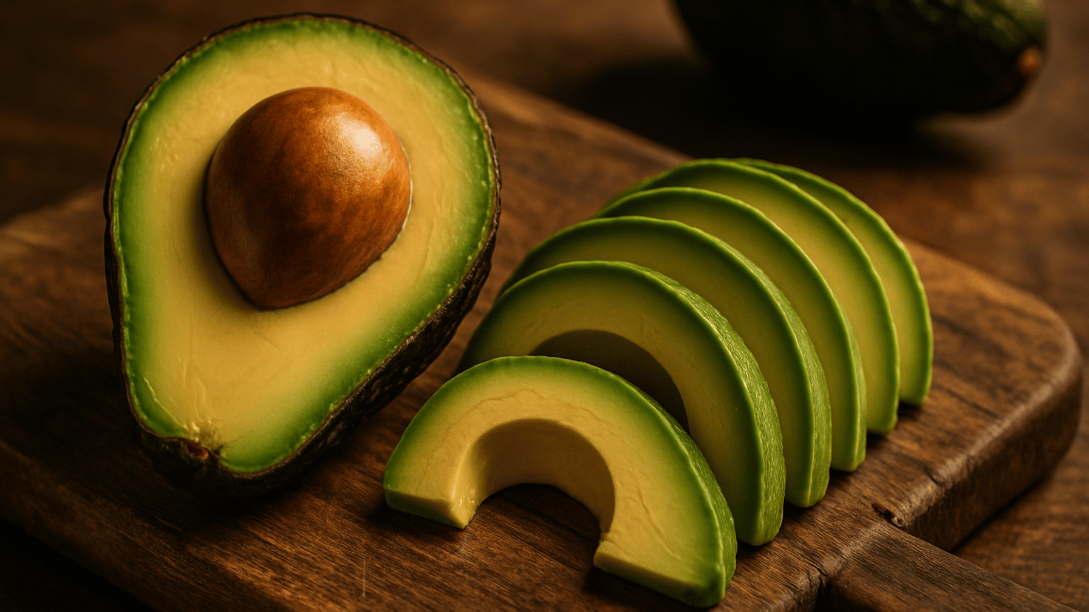 Sliced avocado on a wooden board illustrating nutrition facts for avocado including healthy fats, fiber, and low carbs.