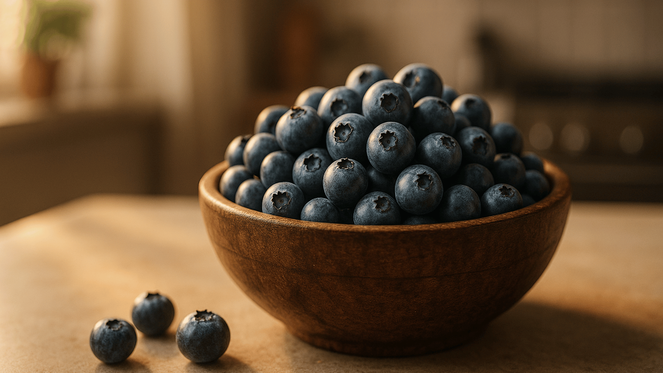 A bowl of fresh blueberries on a rustic table showcasing the hydration, antioxidants, and nutrition facts for blueberries.