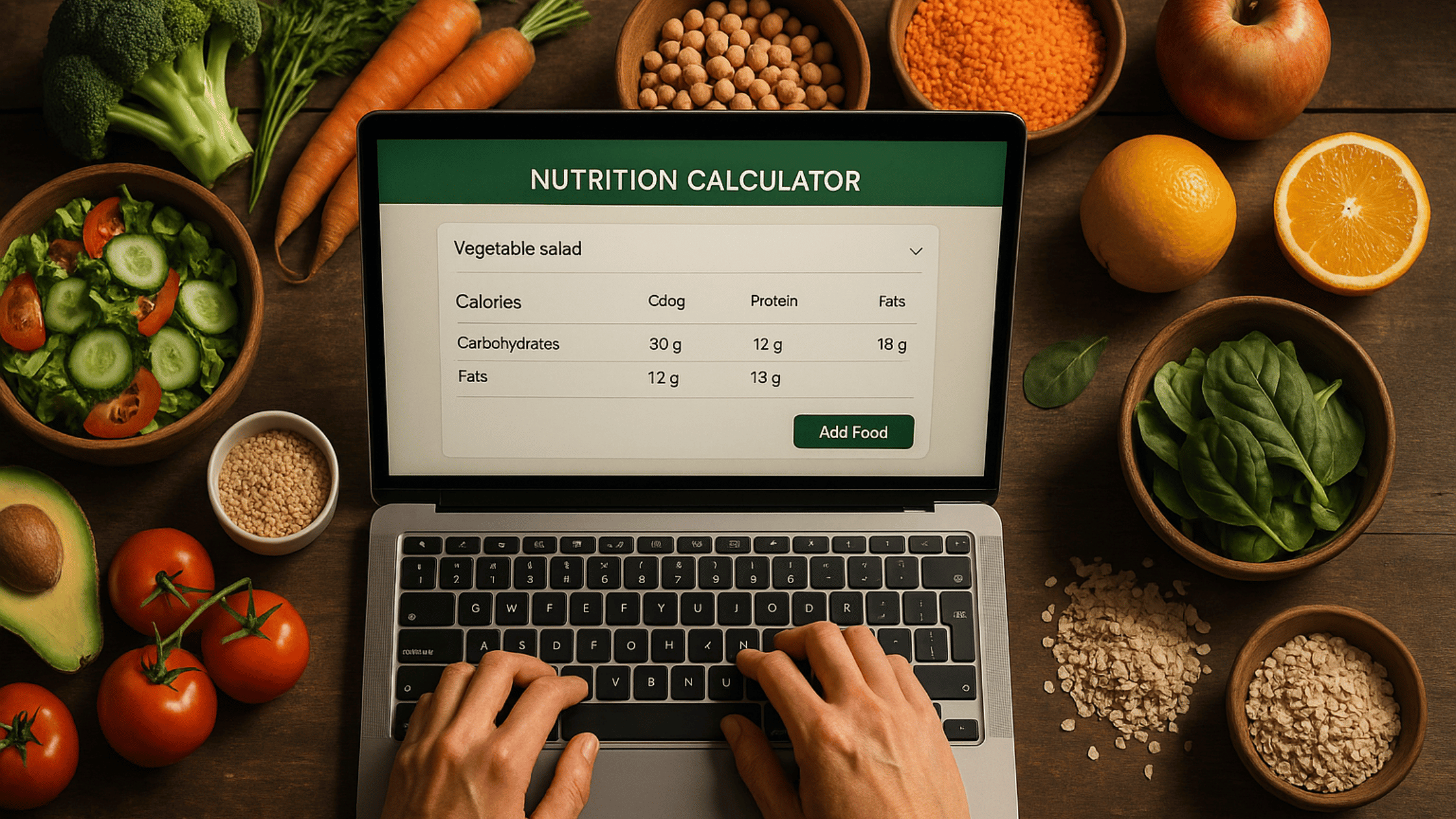 A digital nutrition calculator displaying food calories, protein, and fat values on a screen beside fresh ingredients.