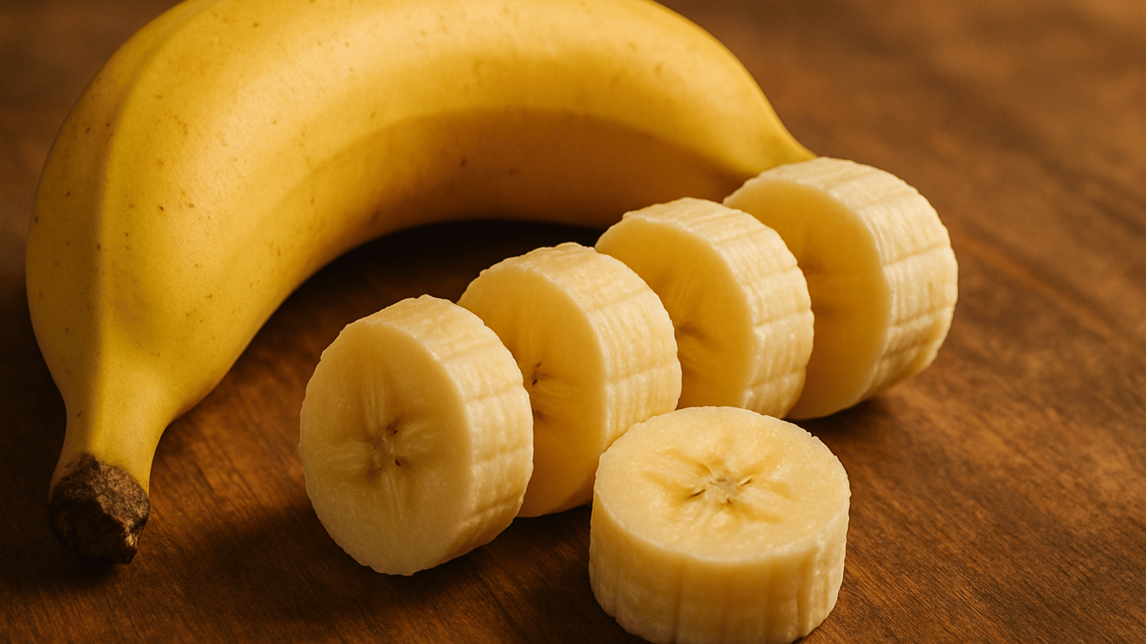 A ripe banana sliced on a cutting board, highlighting nutrition facts for banana including calories, carbs, potassium, and dietary fiber.