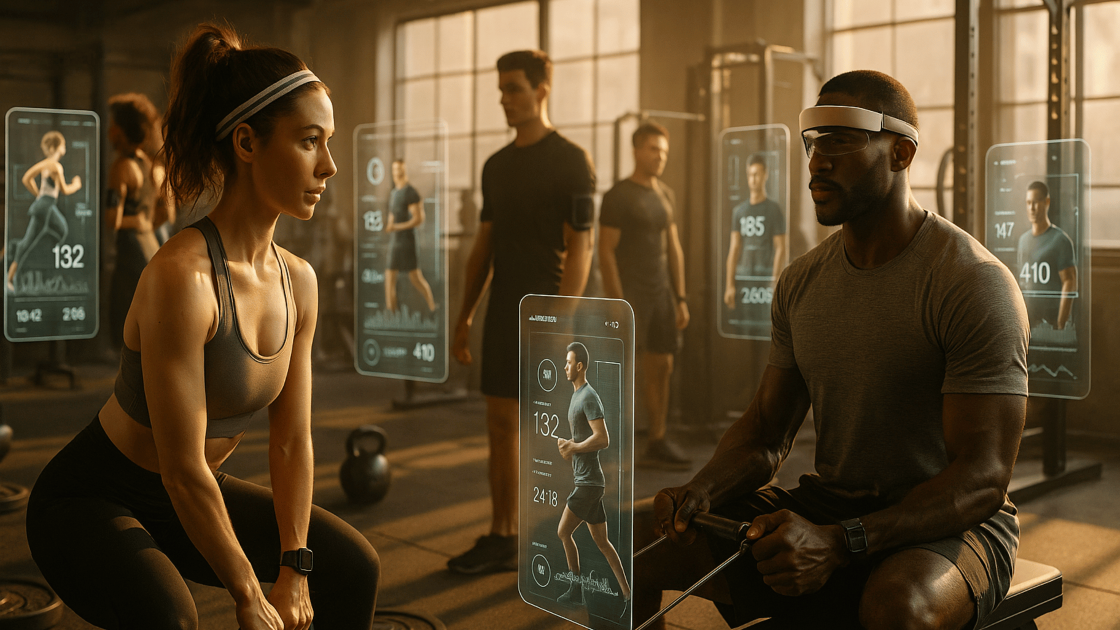 People training with AI tools, wearables, and functional gear representing emerging fitness trends.
