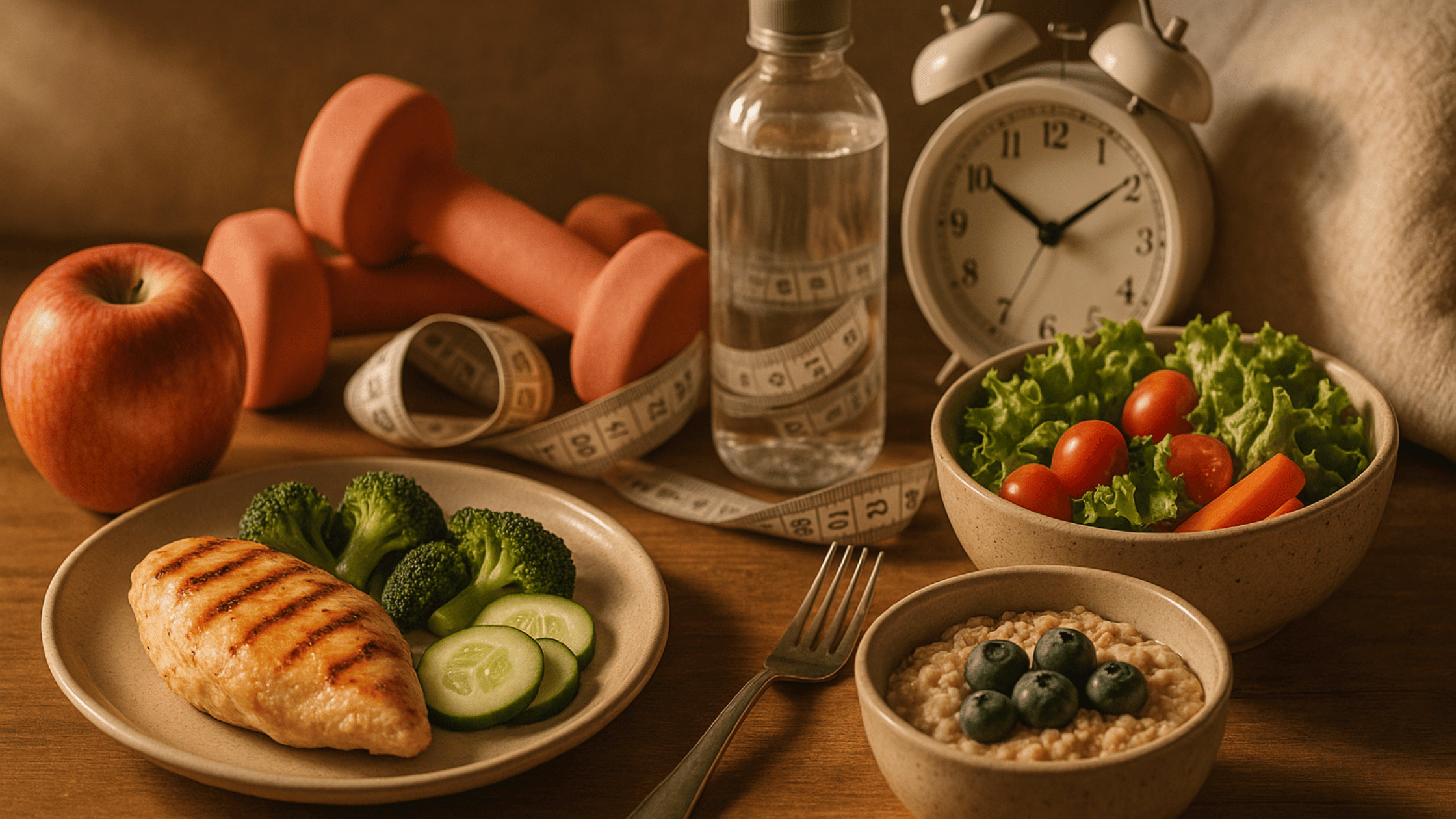 Healthy meal with vegetables, workout gear, and water bottle symbolizing weight management strategies in 2025.