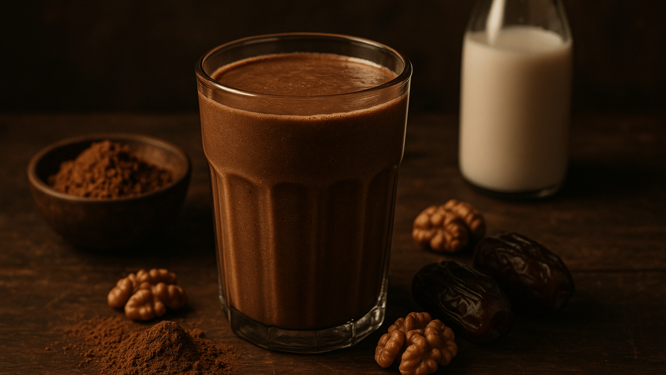 Chocolate libido smoothie with cacao, walnuts, dates, and coconut milk — one of the best smoothies for men’s stamina and energy