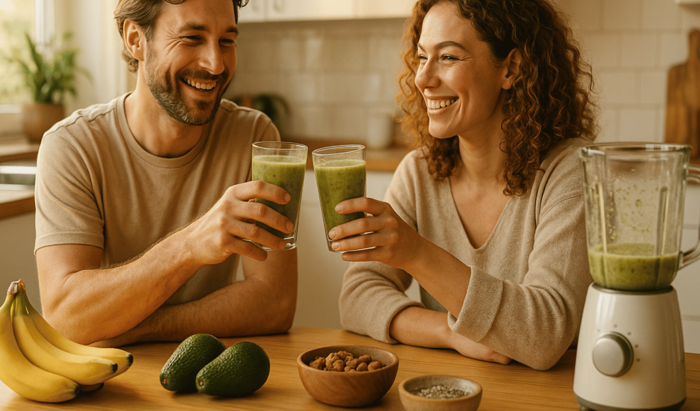 Smiling couple in a modern kitchen drinking smoothies for men’s stamina made with bananas, avocados, and nuts