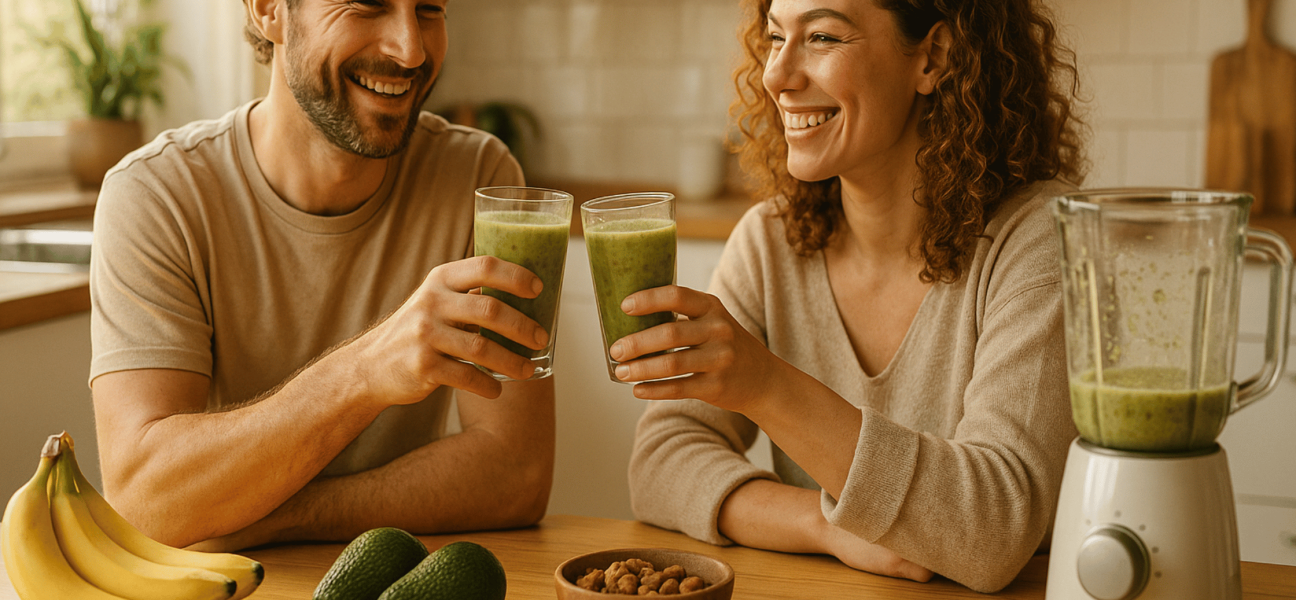Smiling couple in a modern kitchen drinking smoothies for men’s stamina made with bananas, avocados, and nuts