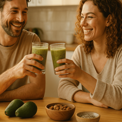 Smiling couple in a modern kitchen drinking smoothies for men’s stamina made with bananas, avocados, and nuts