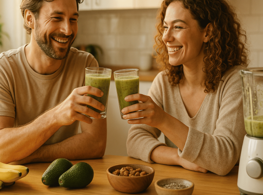 Smiling couple in a modern kitchen drinking smoothies for men’s stamina made with bananas, avocados, and nuts
