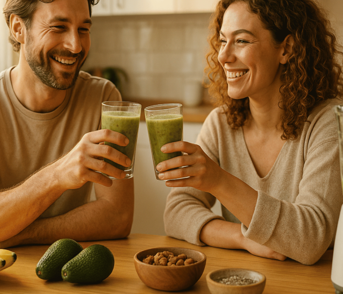 Smiling couple in a modern kitchen drinking smoothies for men’s stamina made with bananas, avocados, and nuts