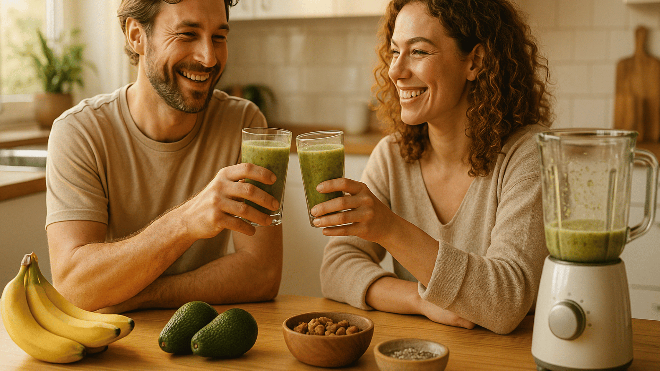 Smiling couple in a modern kitchen drinking smoothies for men’s stamina made with bananas, avocados, and nuts