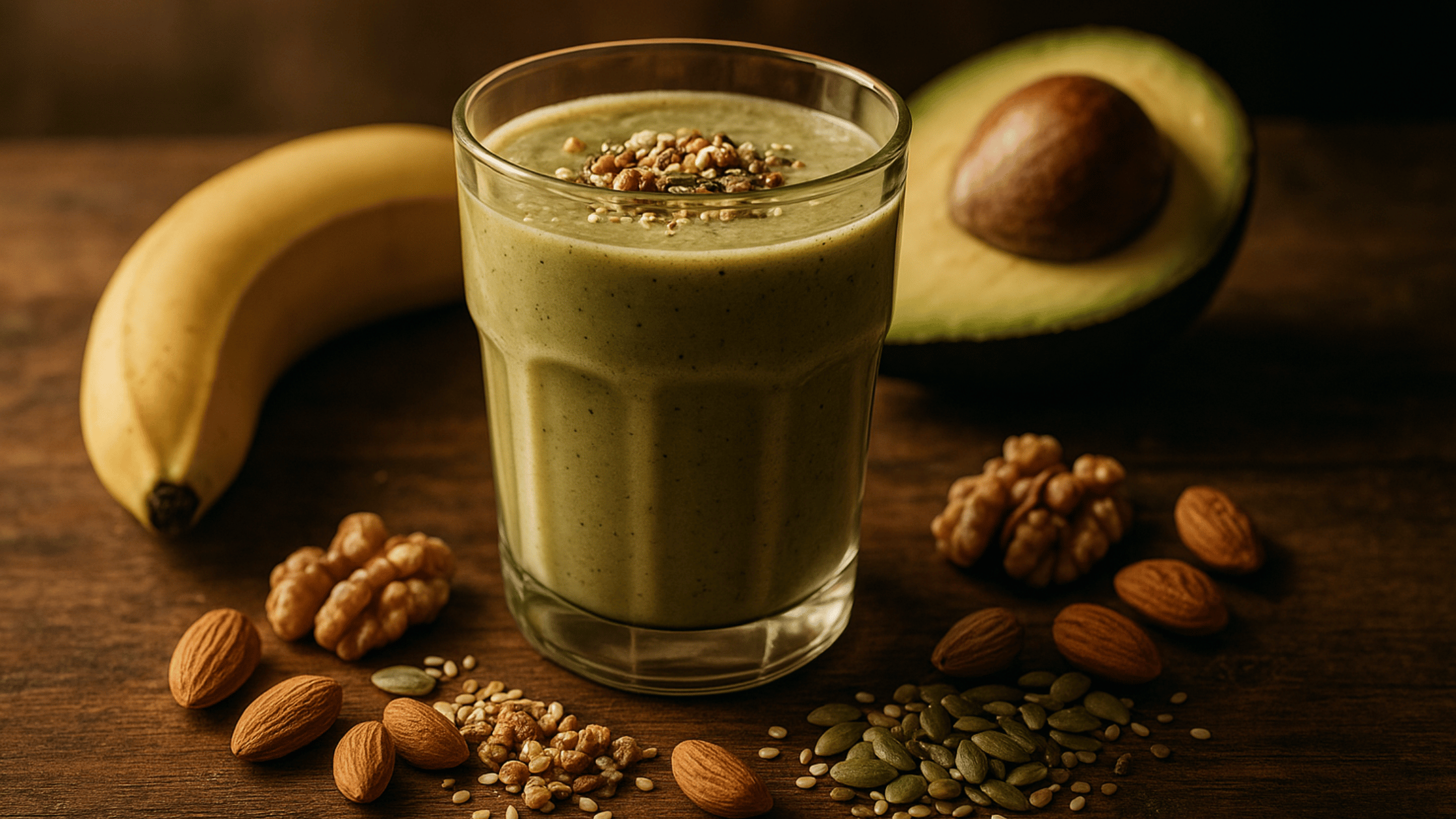 Healthy stamina smoothie with banana, avocado, almonds, and seeds for men’s strength and vitality.