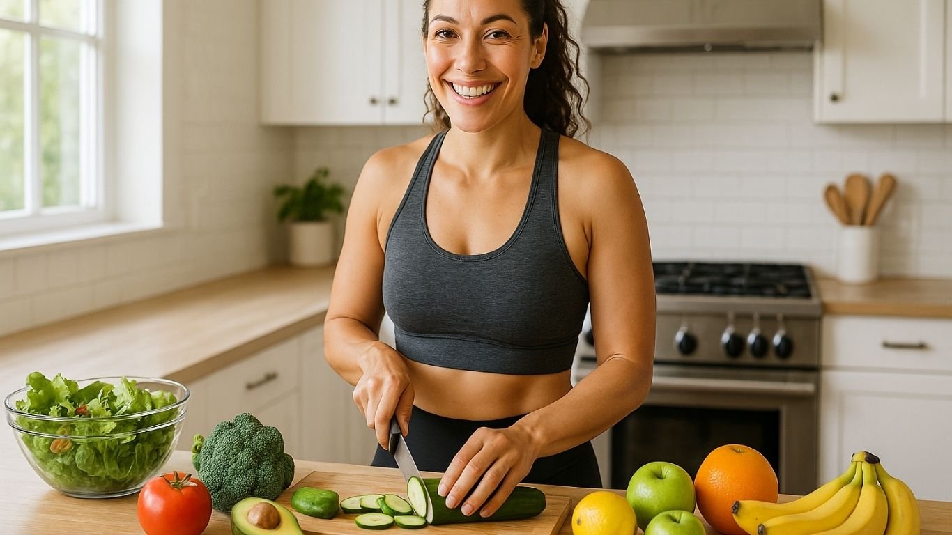 Confident woman preparing healthy food for her 7-day weight reset plan for women in a bright kitchen
