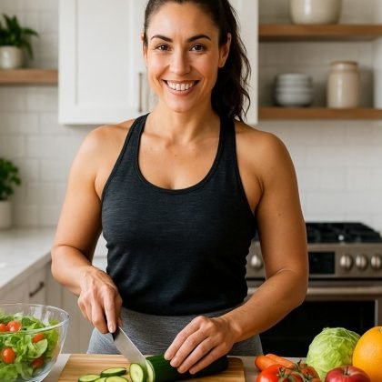 Confident woman preparing a healthy meal during her weight loss journey