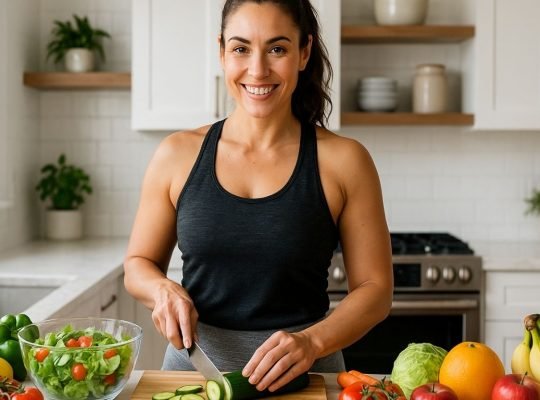 Confident woman preparing a healthy meal during her weight loss journey