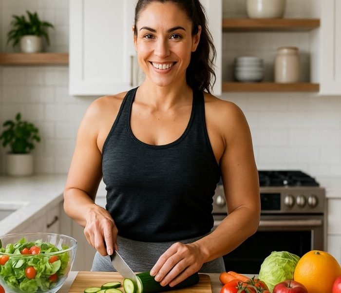Confident woman preparing a healthy meal during her weight loss journey